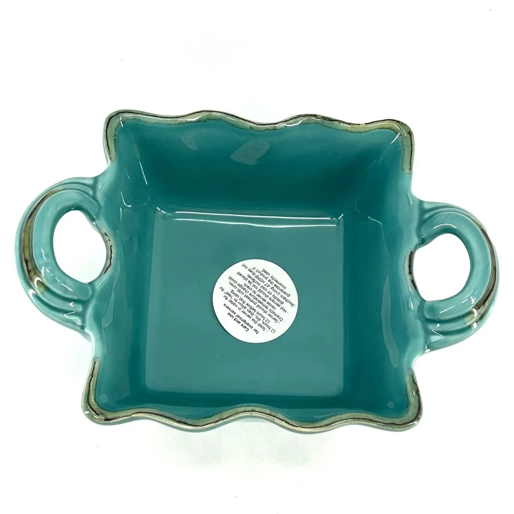 Southern Living Toscana Collection Teal Earthenware Square Baker Bowl Italy